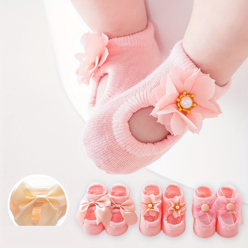 

3 Pairs Of Baby Girl's Toddler Shoes Bowknot Doll Socks, Baby Floor Socks Soft, Non-slip Socks