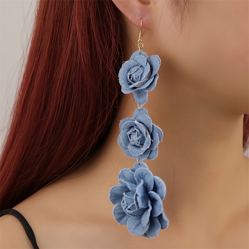 

Chic Vintage-inspired Denim Floral Tassel Earrings - Handcrafted Dangle Earrings For Women, Polyester Fiber, Iron Post, Parties & Vacations