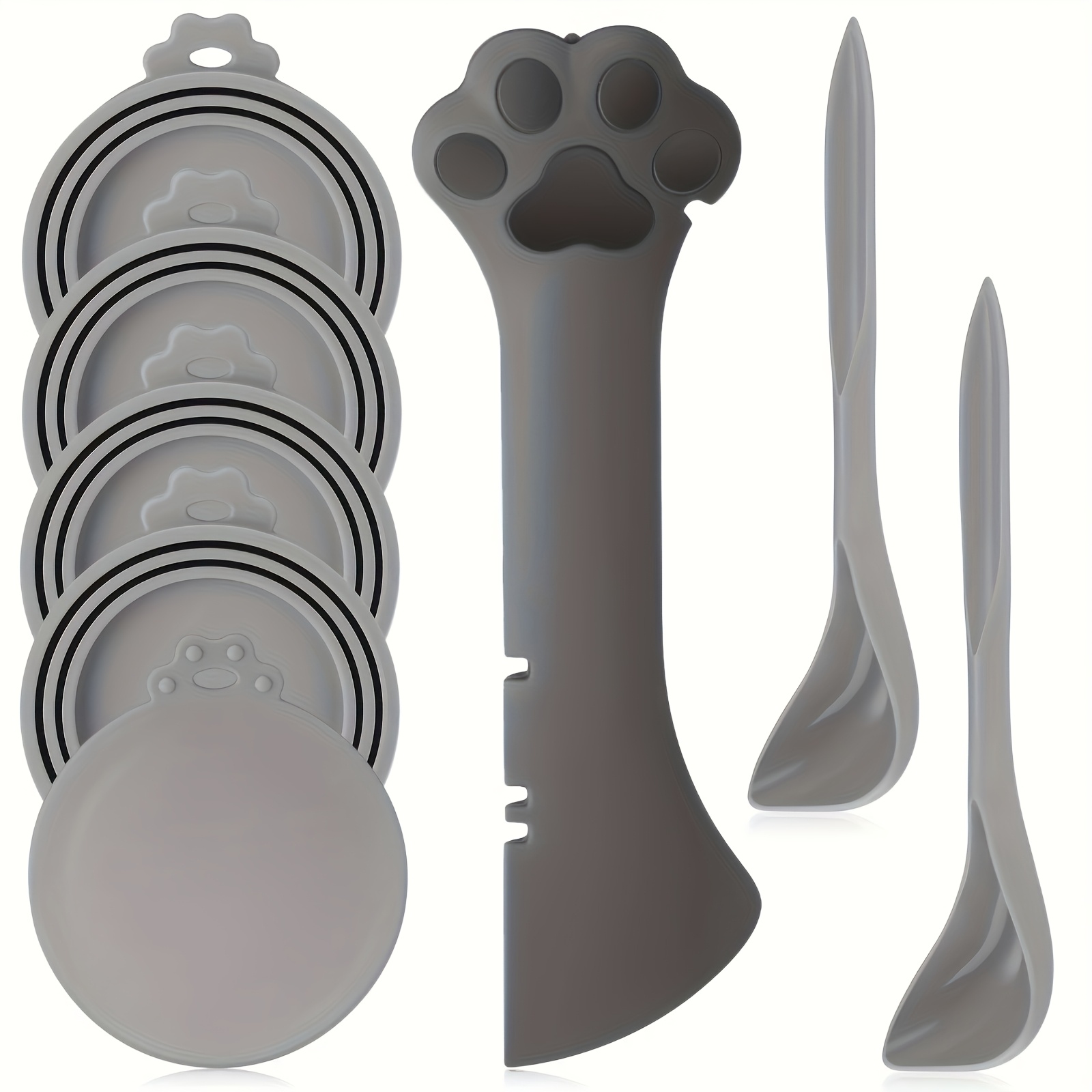 Image of 8pcs Pet Food Can Supplies Set, 5pcs Universal Silicone Wet Cat Food Can Covers Lids 2pcs Silicone Dog Spoons 1pc Paw Shape Multifunctional Opener For Pets Dogs Cats