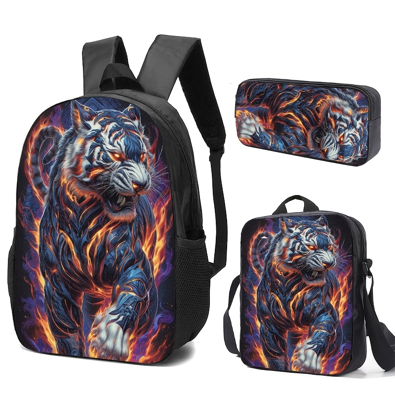 item picture flame tiger print backpack pencil case lunch bag set with high definition durable printing adjustable straps large capacity for daily use by young  