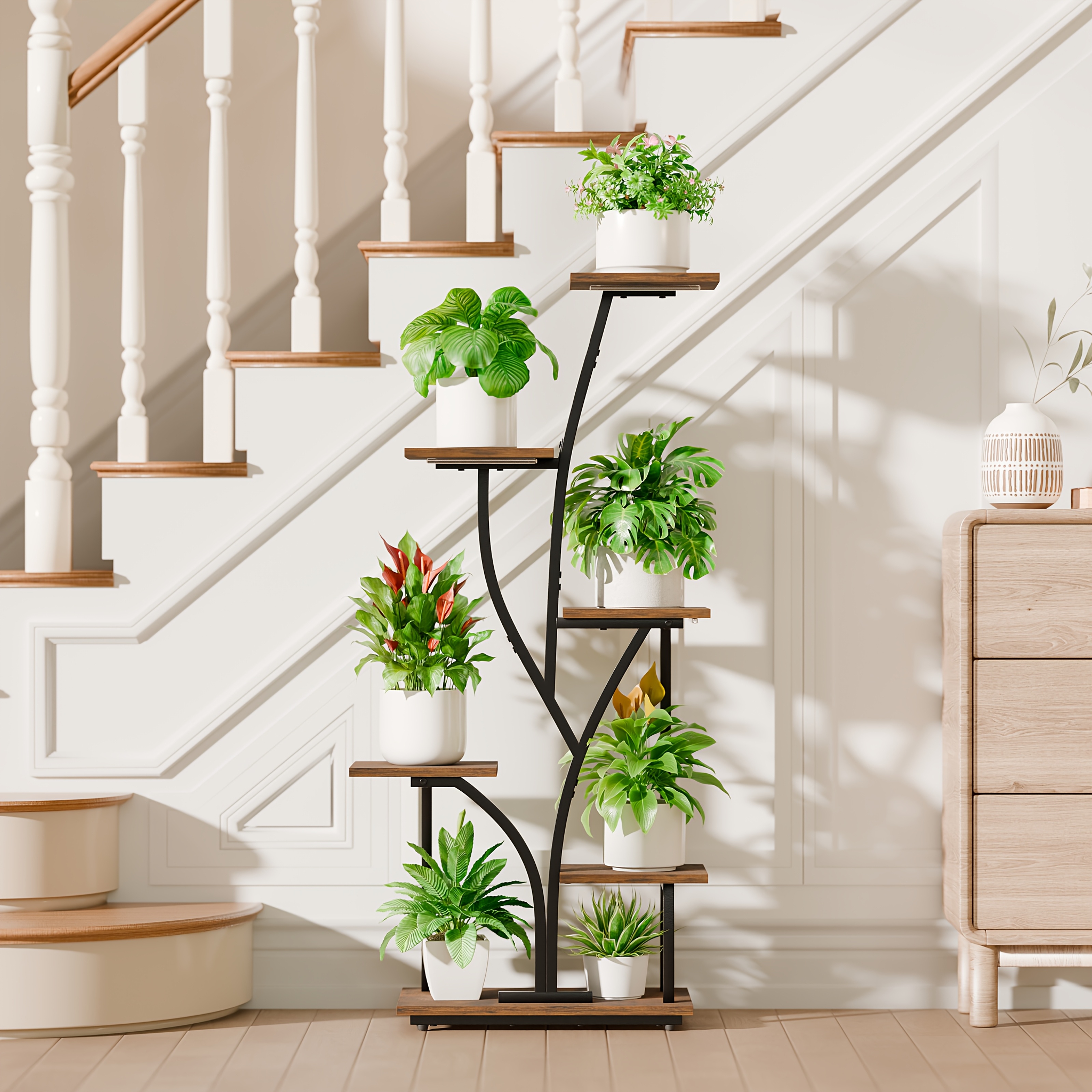 Image of 1pc Indoor Plant Stand With Grow Lights, 7-tier Corner Display Stand, 120cm Multi-functional Metal Tall Shelf For Plants, Handicraft, Shelf For Living Room, Entrance, Multiple , Home Decor, Good Gift