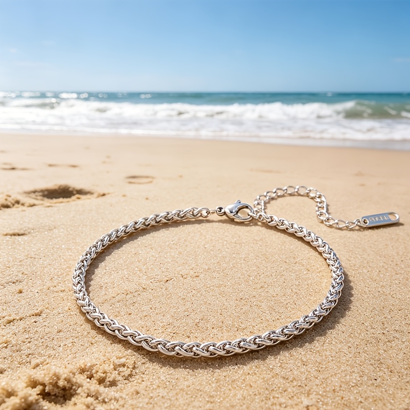 TEMU 1pc Adjustable Cuban Link Anklet, Stainless Steel, Wear-resistant & Washable, Chunky Foot Bracelet, For Women, Modern Chic Style, No Fade, For