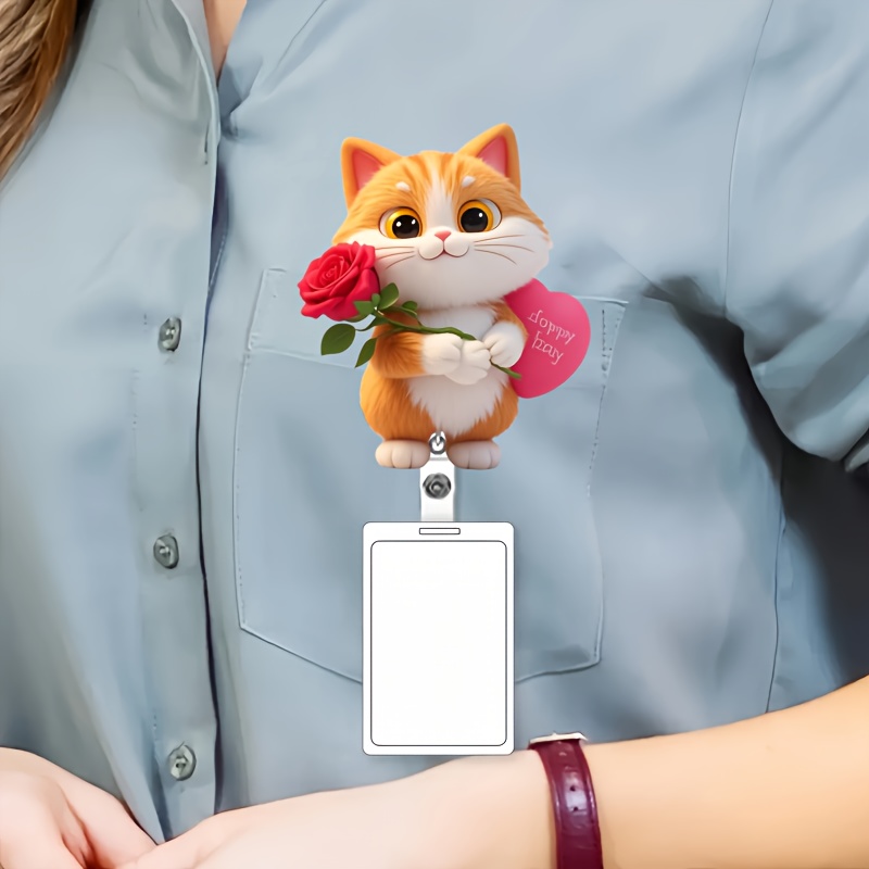 

1pc Cat With Rose Retractable Badge Reel With Clip - Acrylic () Nurse Id Holder For Office, Students, Doctors, And Nurses - Valentine's Day And Birthday Gift