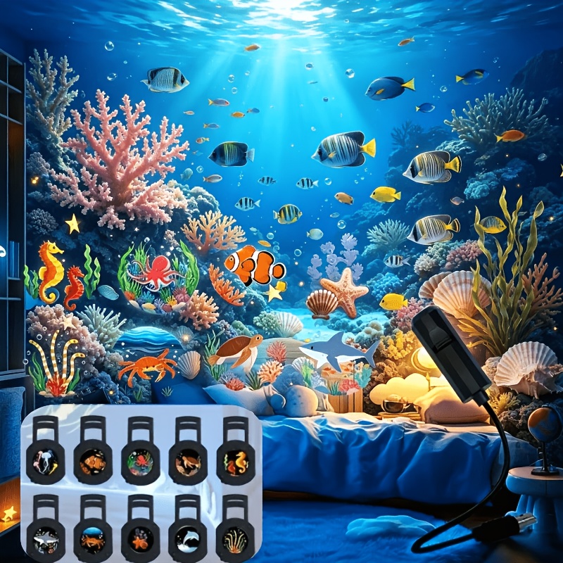 TEMU -themed Night Light With Multiple Unique Ocean Scenes, Depicting Marine Creatures. Equipped With A Panoramic Rotating Mechanism , And Shadow