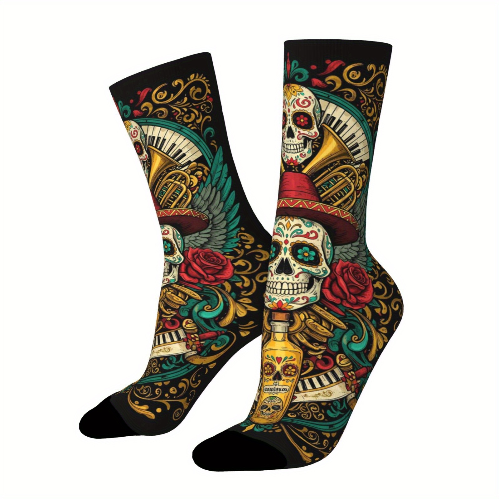TEMU A Unisex Pair Of Outdoor Socks, Mid-calf Length With Halloween Candy Skull Pattern Print, Machine Washable, Suitable For Outdoor Sports