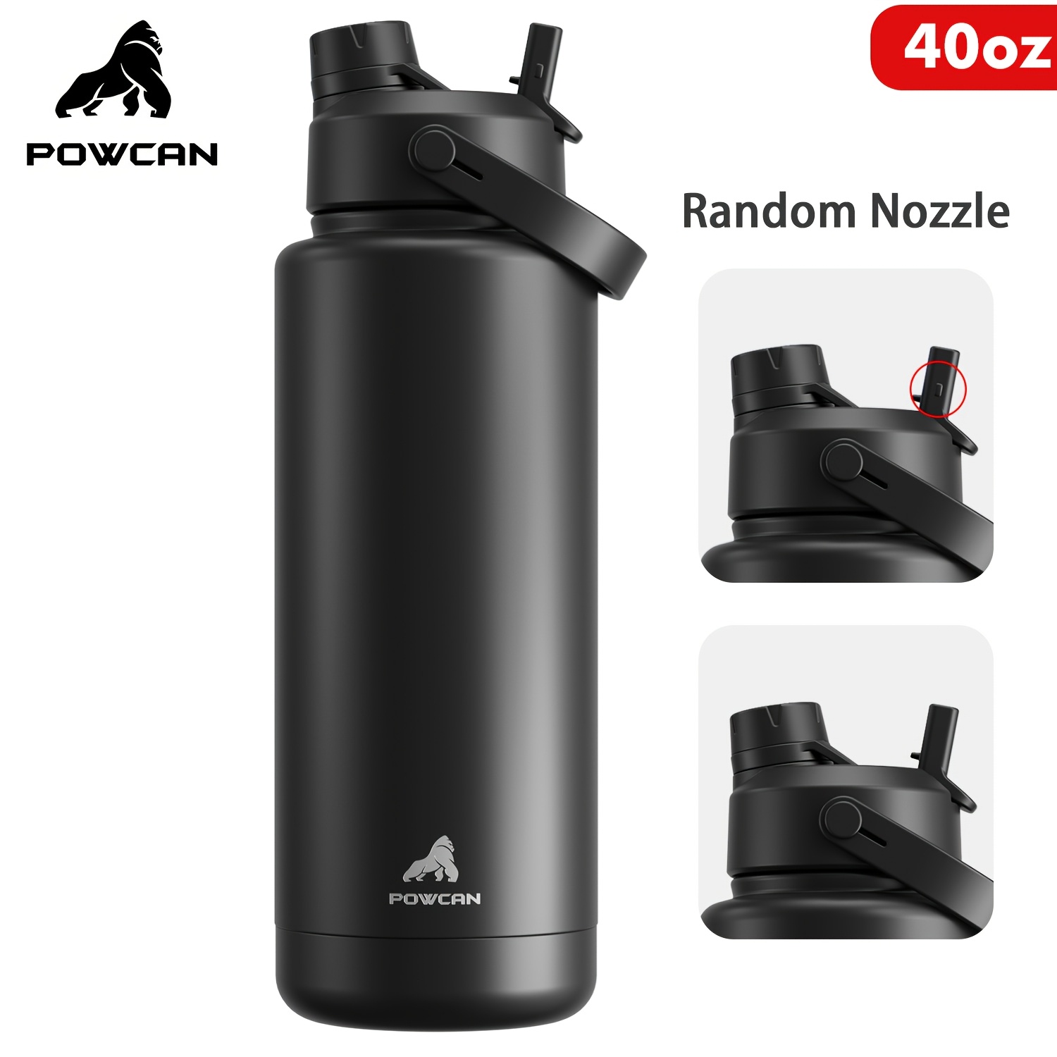 Image of Powcan 40oz Insulated Water Bottle With 2-in-1 Straw And Spout Lid, , Random Nozzle，leak-proof, Double Wall Stainless Steel Water Bottle For Sports, Gym, Travel, And School