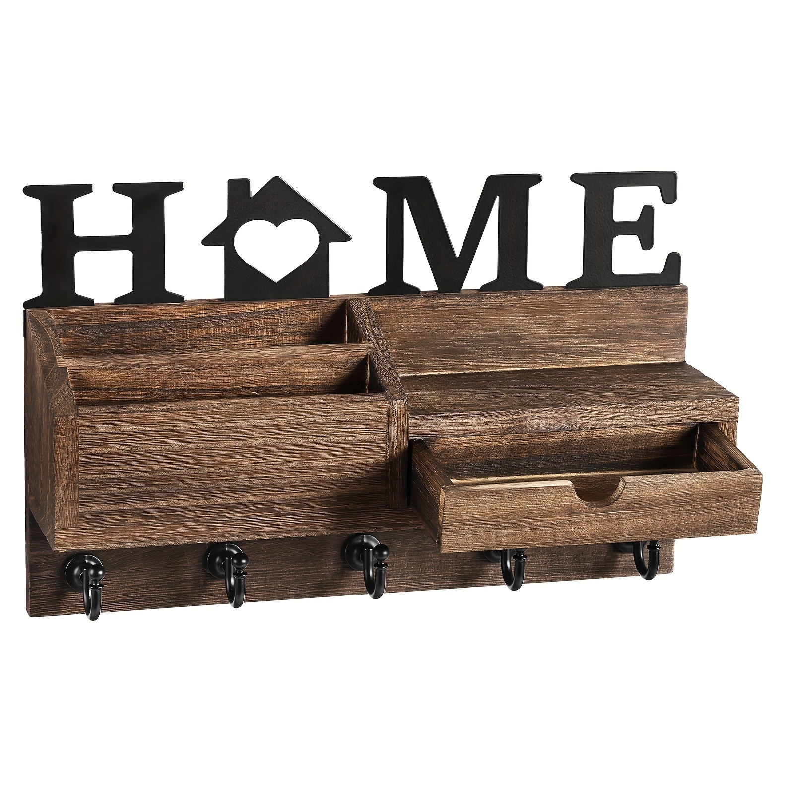 

Rustic Wood Floating Shelves With Hooks - Wall Hanging Mail Key Organizer - Multipurpose Storage Drawers For Entryway, Hallway, Living Room - Versatile Wall Decor Shelf For Various Room Types