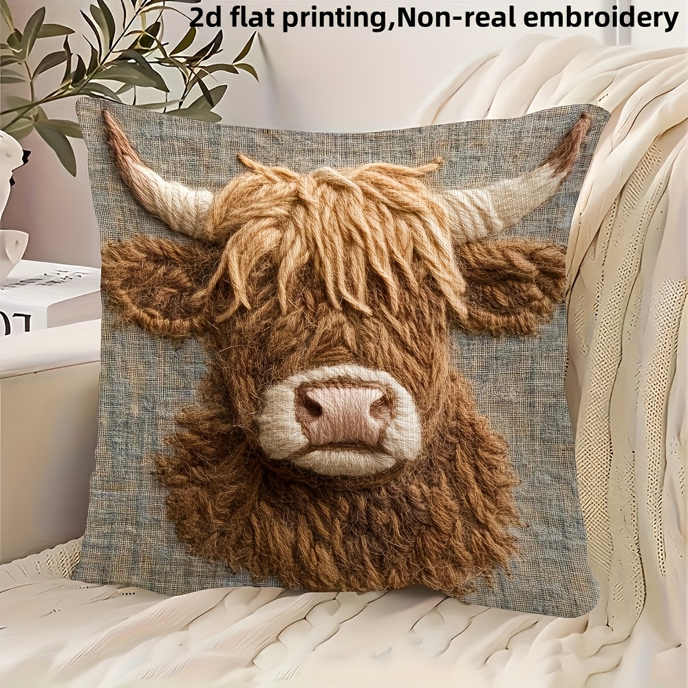E-shop 2D Flat - ., 2D Flat Druck, Highland Kuh Deko Kissenbezug, Nicht-Real Stickerei, 18X18 Zoll, Braun und Weiß Kurzer Plüsch, Reißverschluss,
