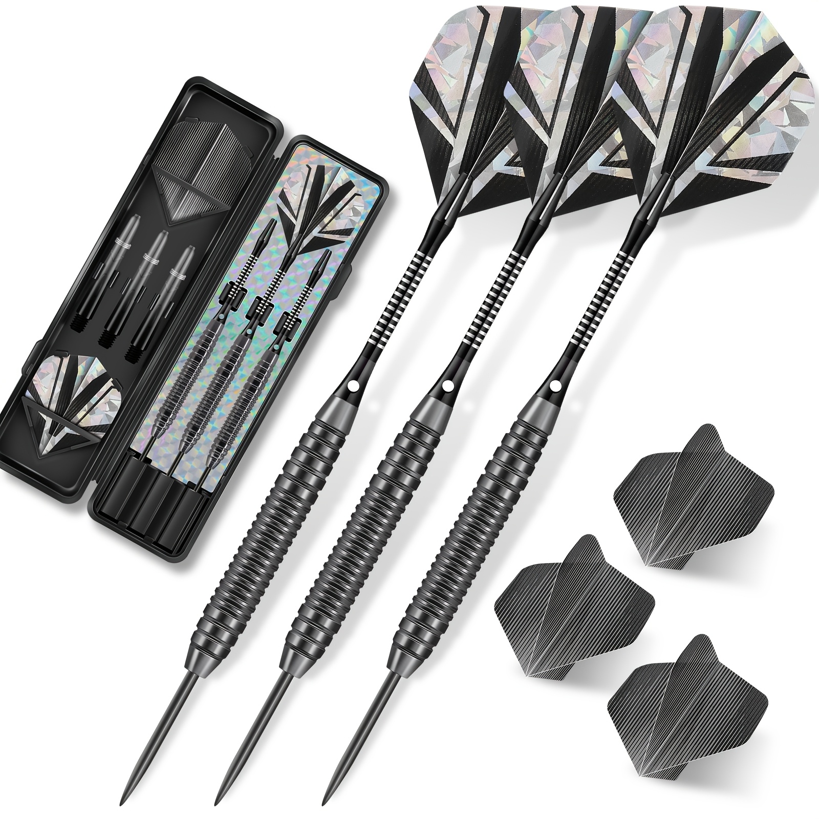 TEMU Juego de dardos profesionales de metal de hierro de 20 g, 3 hachas adicionales + 3 de PET + herramienta de afilar, compatible con dardos 2BA, 5