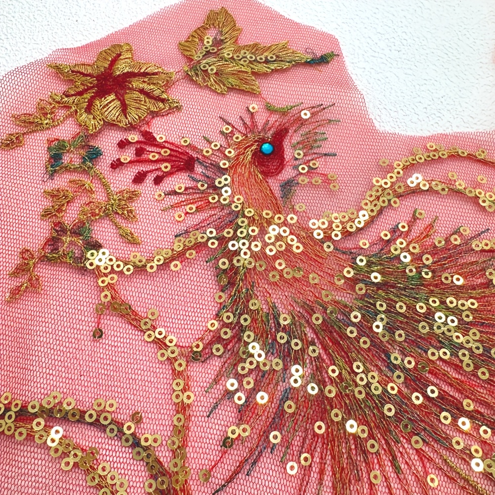 Large Golden Thread Embroidered Phoenix & Peacock Fabric Applique Patch