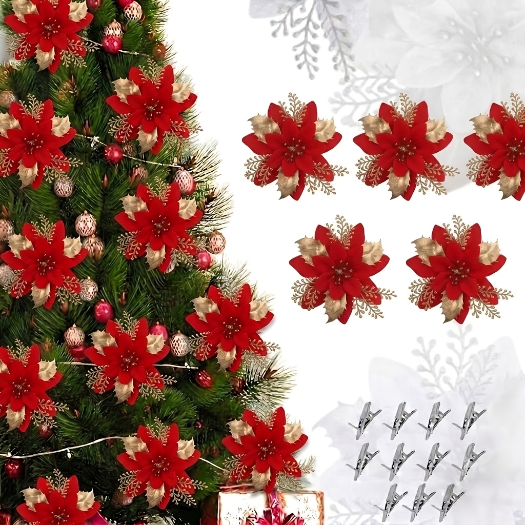 TEMU 22pcs (11pcs Flowers And 11pcs Clips) Golden Artificial Christmas Flowers - Shiny Christmas Flowers For Wreaths, Garlands, Christmas Trees, And
