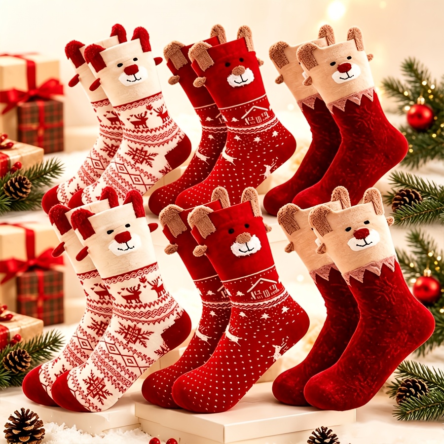 TEMU 6-pair Women's 3d Bear & Snowflake Reindeer Christmas Socks - Soft Warm Mid-calf Winter House Slippers Suitable For Holiday Gifts, Cozy Footwear