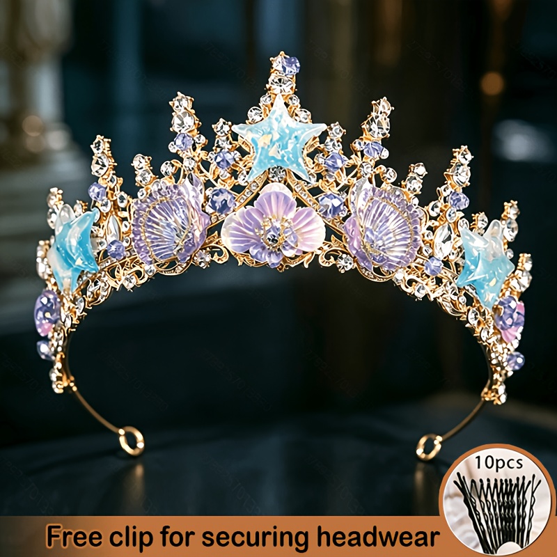 TEMU 1pc Kovlyne Women's Mermaid Starfish & Headpiece - Sparkling Rhinestone & Shell- Bridal Tiara, Mermaid Tail Suitable For Wedding Dresses,