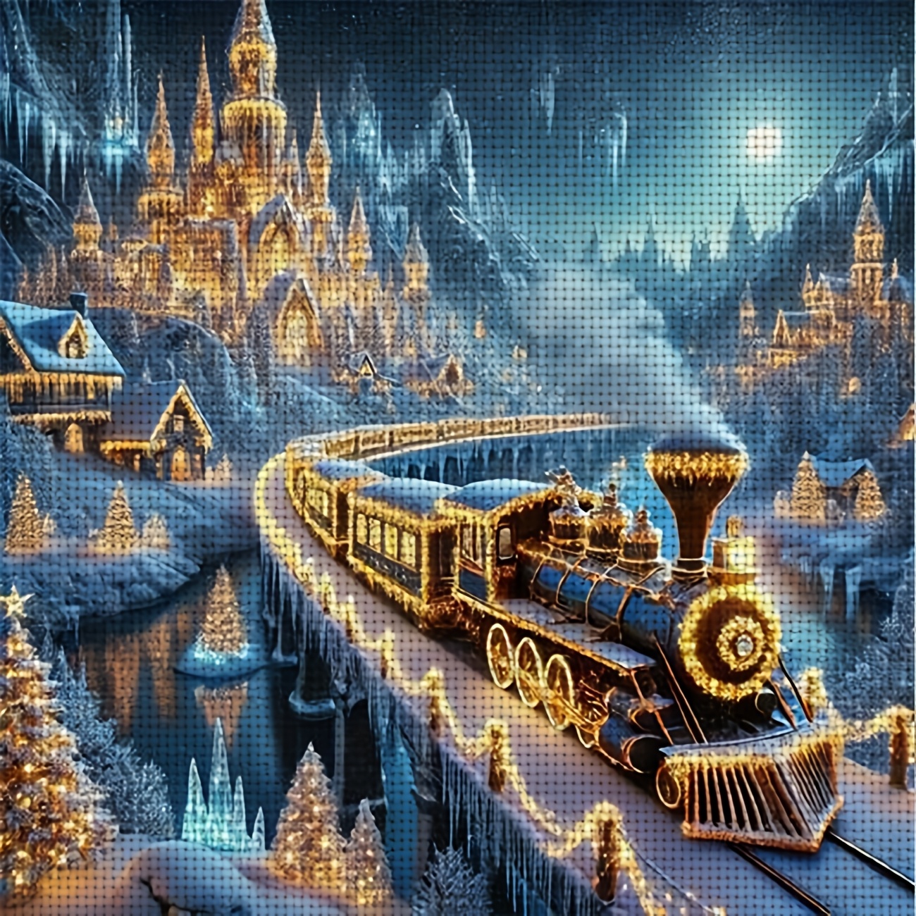 TEMU 1pc Diy Stitch Print Kit, Frameless, "christmas Train Passing Through Snowy Castle" Pattern, Perfect For Beginners' Relaxing Craft Time, Allows