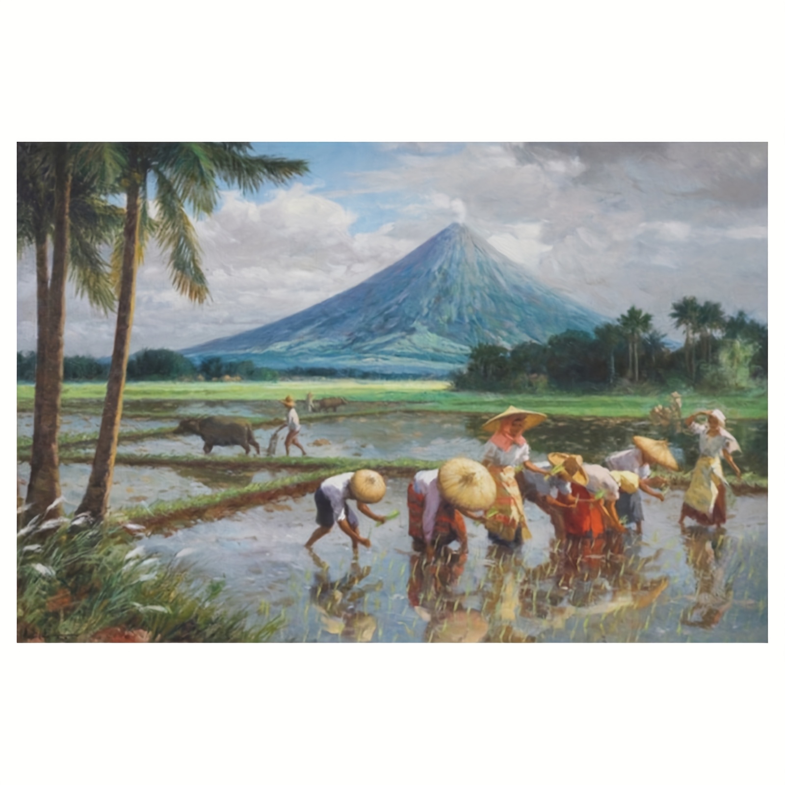 TEMU 2d Flat, 1pc Frameless Amorsolo "planting Rice" Oil Painting Canvas Wall Art - 12x18 Inch Vibrant Filipino Cultural Scene, Traditional
