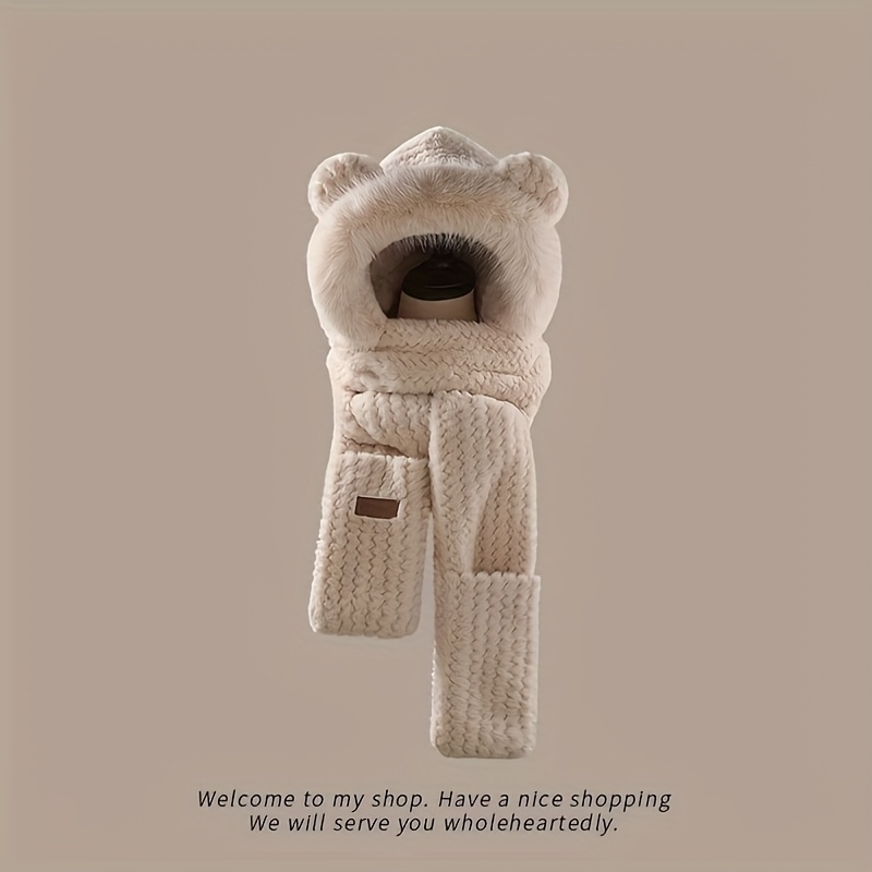 New Cute Plush Hat, Scarf, And Gloves Set For Women, Designed For Winter Cycling With Windproof And Warm Ear Protection, Featuring -in-one Hooded Design