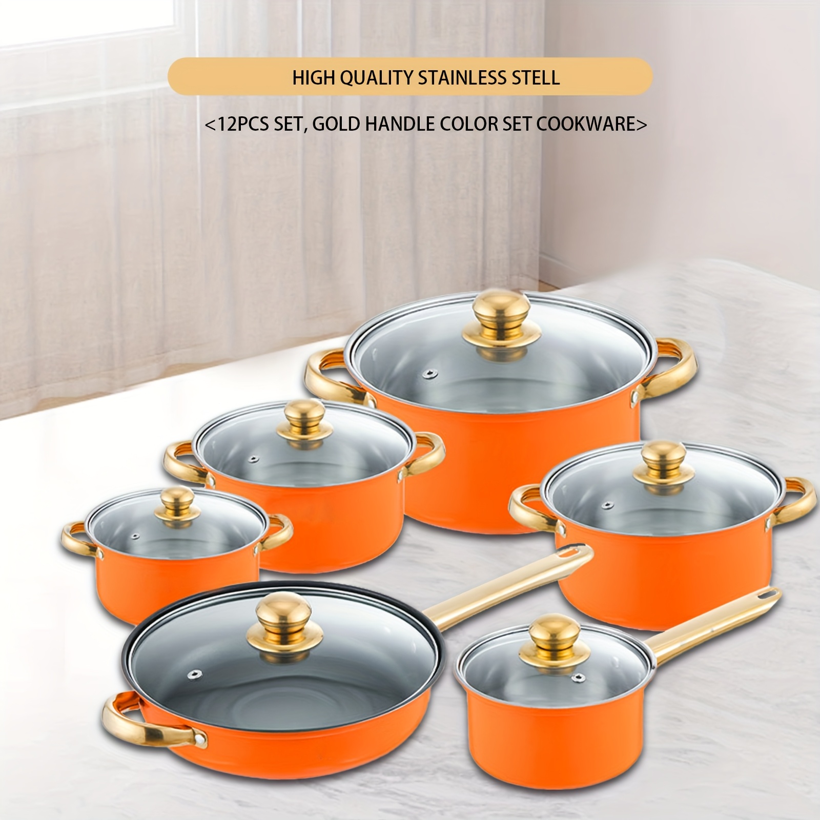 home use stainless steel 12pcs orange non stick cookware set soup pot frying pan milk pot and   kitchen utensils with   glass lids suitable for cooking   cuisines Product details 2