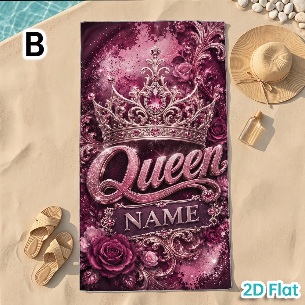 TEMU 1pc Custom Couple Beach Towel, Luxurious Crown King And Queen Pattern, Personalized Name Microfiber Quick Dry Sand-free Absorbent Towel For