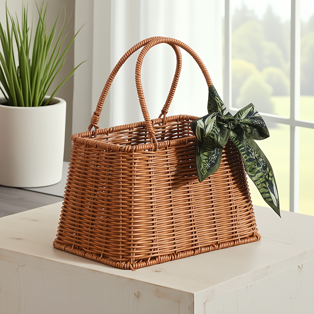 TEMU French Vintage Rattan Handbag For Women, 2026 New Ribbon Decorated Woven Tote, Daily Commuter Basket Bag