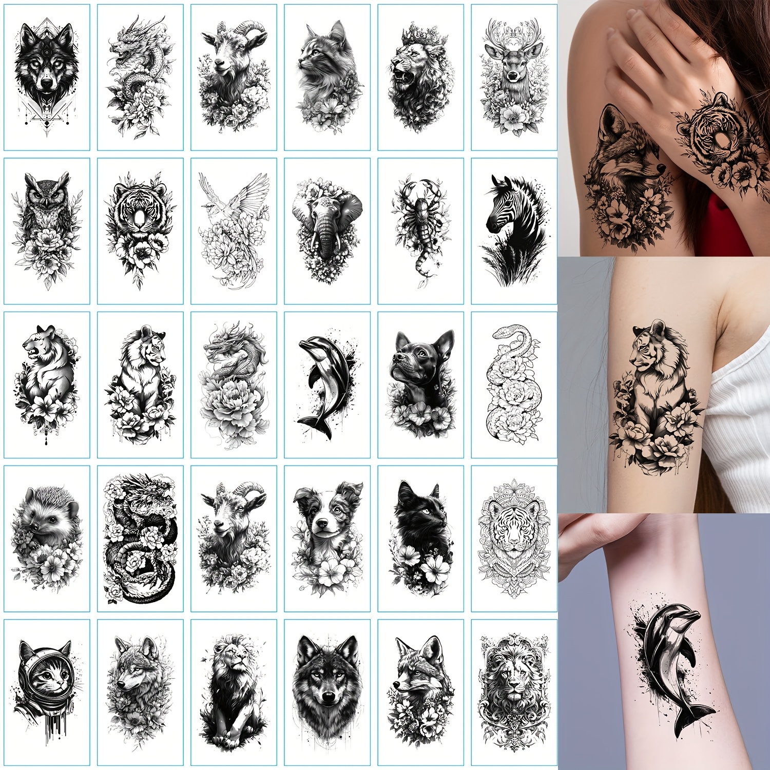 30pcs Temporary Tattoo Stickers Suitable For - 30 Realistic Animal Skin Patterns (dragons, , Wolves, Snakes, Goats, Deer) - Body Art For Parties, Festivals, Casual Attire - Application & Removal