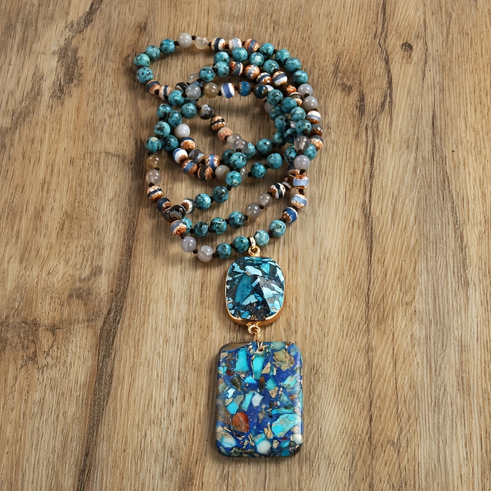 

Bohemian Jewelry Natural Knot Necklace Stone Pendant Square Pendant Necklace Sweater Chain