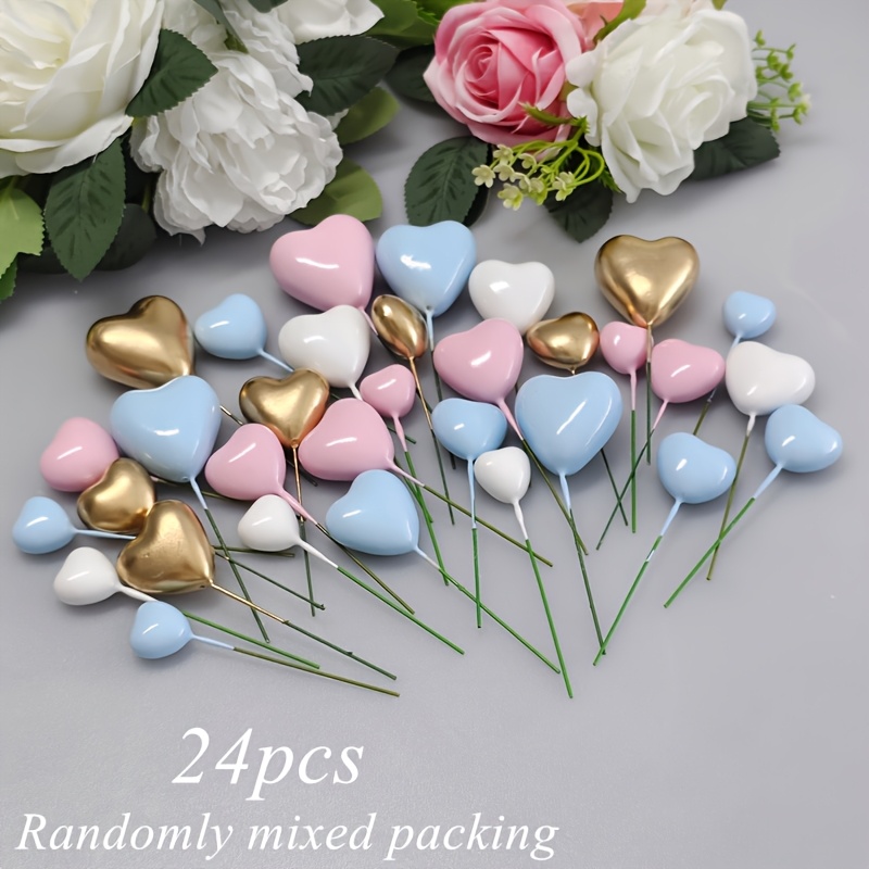 TEMU Four-color Mixed Heart-shaped Series Cake Decorating Sticks, Golden/white/pink Birthday-themed Cake Toppers, Halloween, Thanksgiving, Christmas