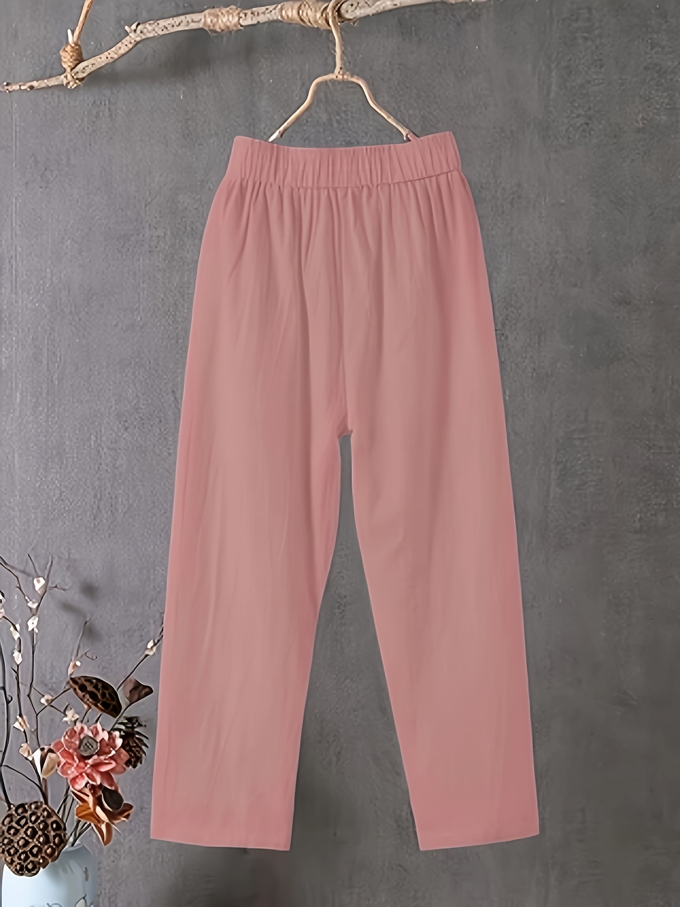 Women's Plus Size Lightweight Straight-Leg Pants - Casual White Harem Style, Elastic Waistband, Polyester, Machine Washable for Spring/Summer/Fall