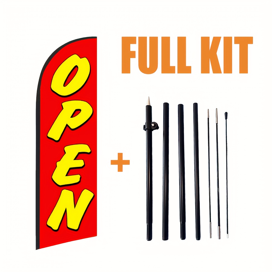 Image of A Set Of Red Advertising For Store , Featuring 'open', Measuring 55x186cm/22x73.2in, Made Of Knitted Fabric, Vibrant , And With A Reusable Flagpole.
