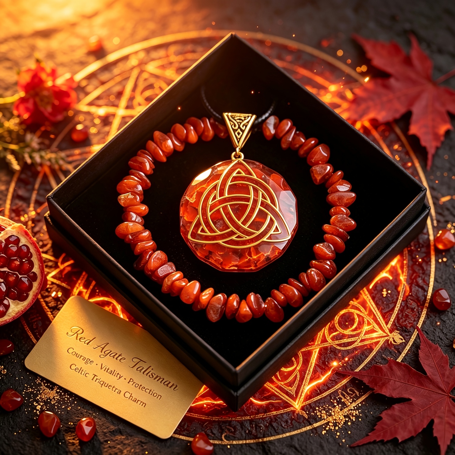 TEMU 3pcs Bohemian Red Agate Celtic Knot Amulet Pendant And Necklace And Gemstone Bracelet Gift Box Set, Celtic Knot Pendant With Agate Gemstone