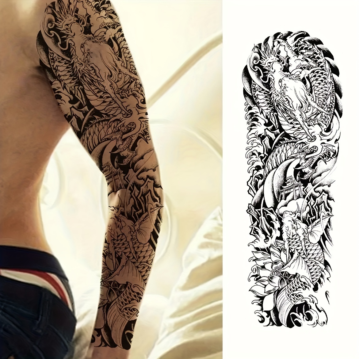 Autocollants Tatouages Temporaires Étanches - Motifs Poissons Et Fleurs - Noir - Neuf