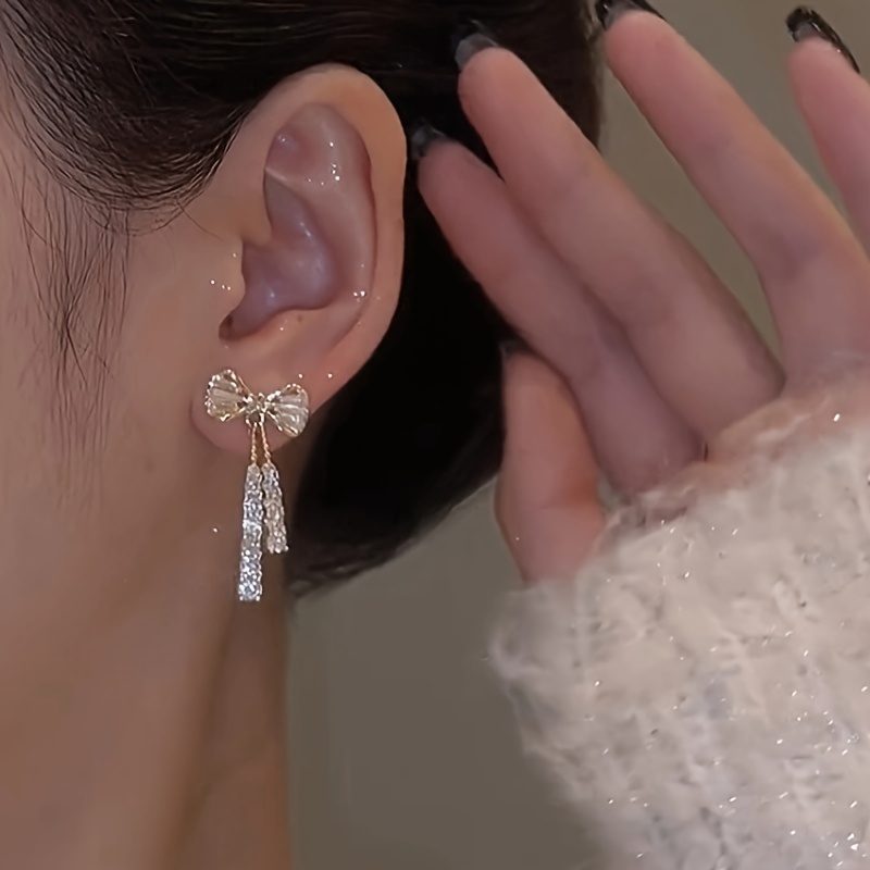 Elegant Bowknot Dangle Earrings with Sparkling Zirconia - Chic Alloy Fashion Jewelry for Women, Perfect for Daily Wear & Special Occasions