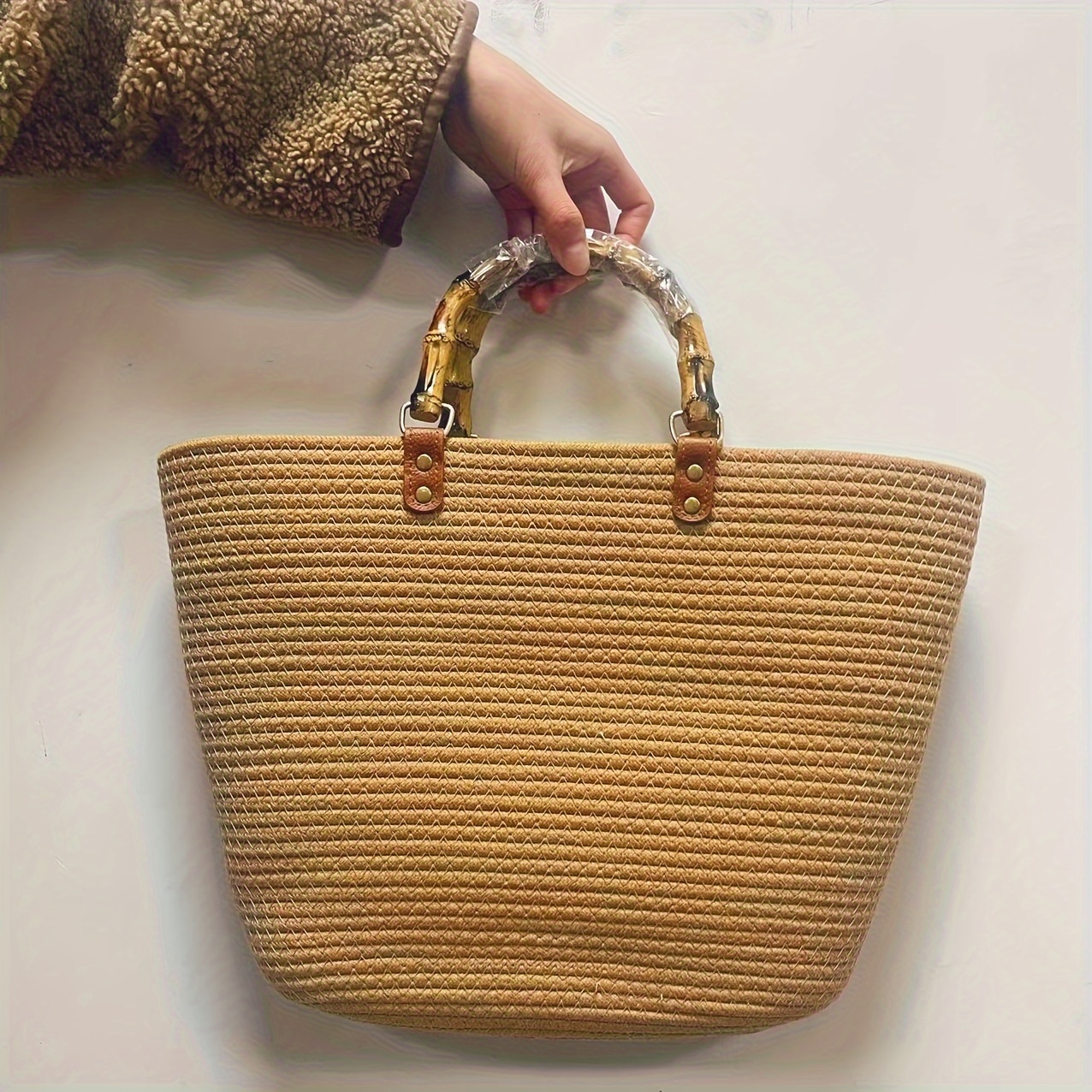 1pc Handmade Woven Cotton Rope Bags, Bamboo Joint Bags, Straw Woven Bags, Simple Commuting Handbags, Multiple Styles of Tote Bags,Temu