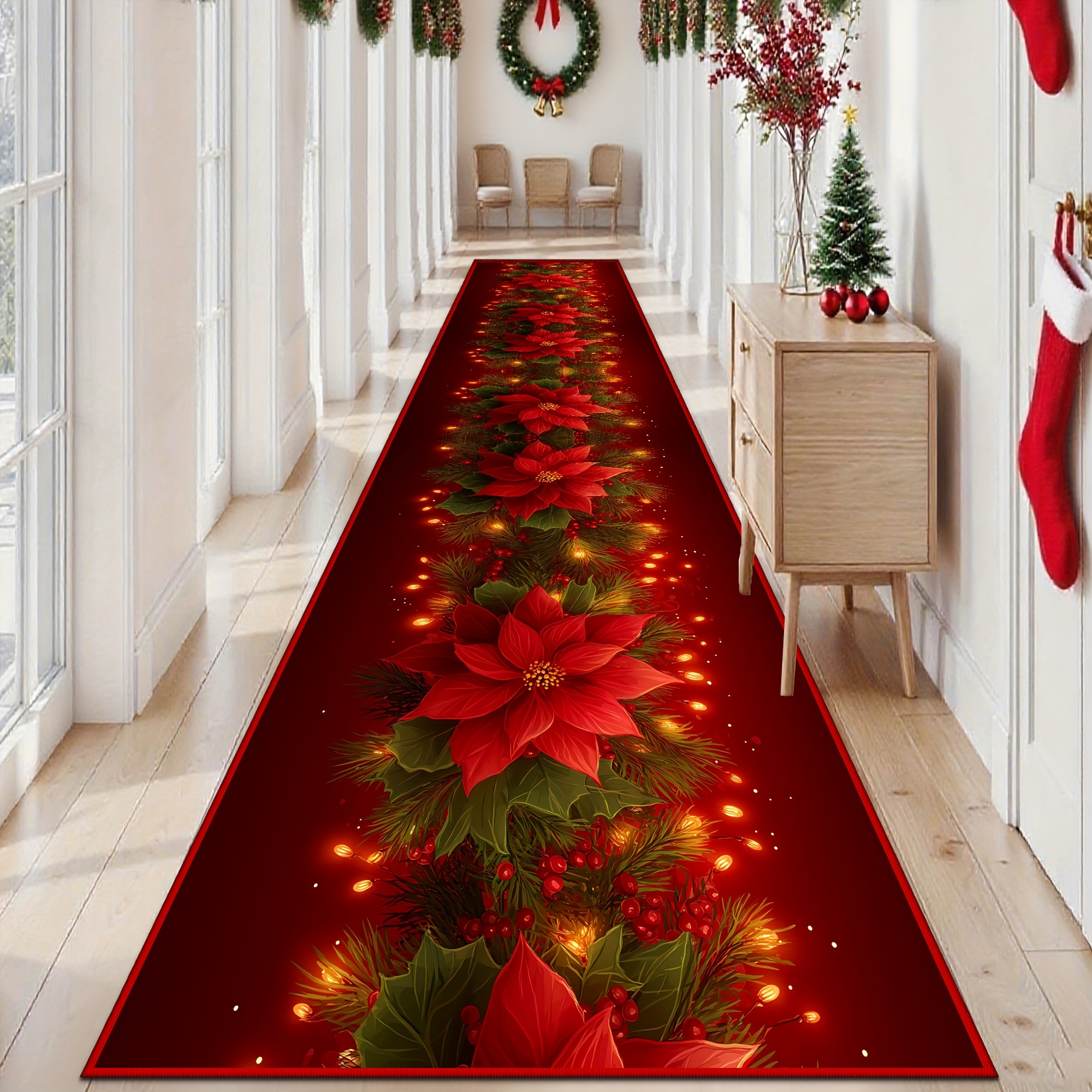 TEMU 1pc Large Red Poinsettia Christmas Runner Mat - Burgundy & Sparkling Hallway, Machine Washable Long Rectangular For Stairs, Bedside, Doorway -