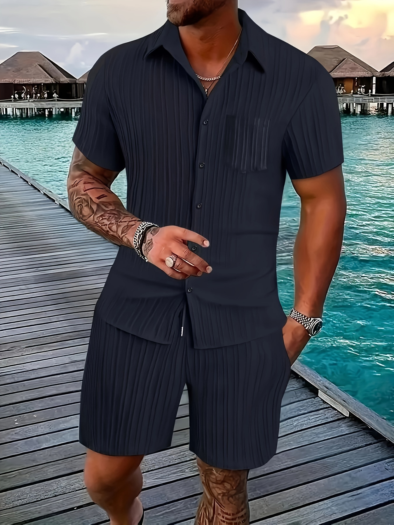 traje casual hombre camisa manga corta pantalones Temu Spain