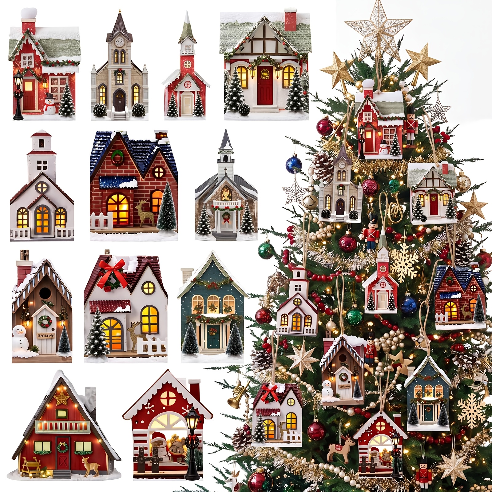 TEMU 12pcs Christmas House Ornaments Set Snow Village Hanging Decoration Cottage Christmas Tree Decor Crafts Cabins Pendants Decor For Xmas Holiday