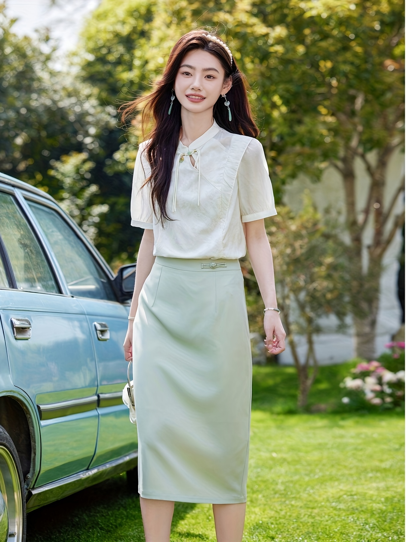 Button Down Striped Pencil Skirt Outfit Ideas Women's Casual Stand