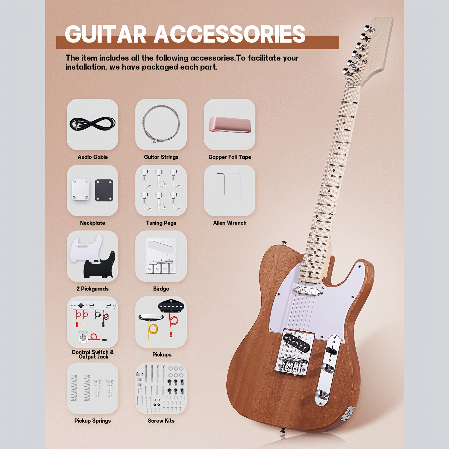 Leo Jaymz DIY Electric Guitar Kit - Mahogany Body, Ebony Fretboard, 1pc S-H Pickup Configuration - Fixed Bridge, Fully Enclosed Tuning Pegs, 21 Frets, Maple Neck, Room Electrical Wiring