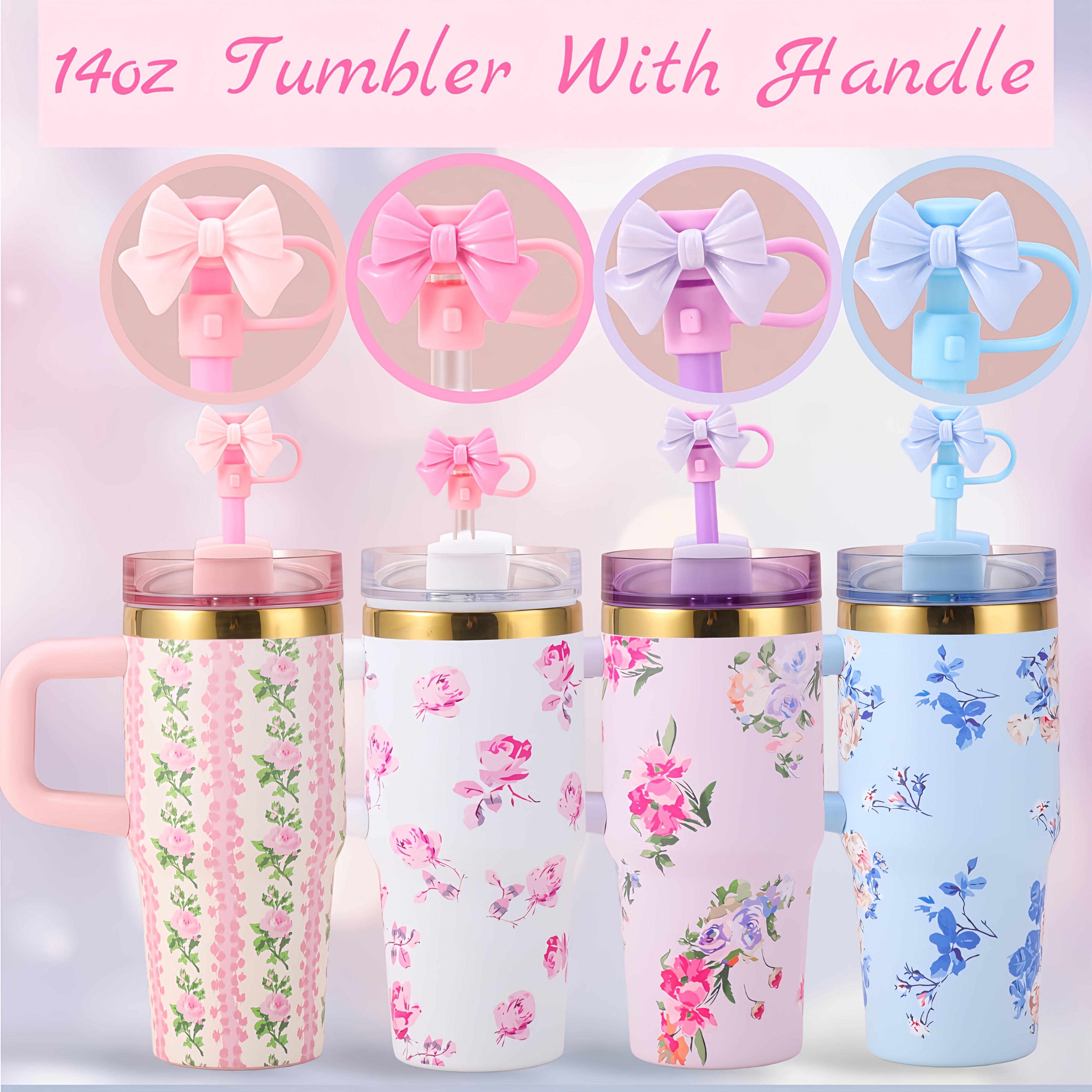 

14oz Floral Pattern Stainless Steel Water Bottle With Handle, Insulated For Hot And Cold Beverages, Includes Bow Straw And Dust Plug, Gold-plated In Purple - Cute And Elegant