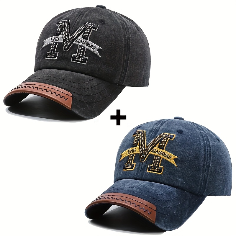 Image of Letter M Embroidered Baseball Cap, Solid Color Washed Distressed Vintage Baseball Cap, Lightweight Adjustable Sun Hat For Women And Men, 2-pack