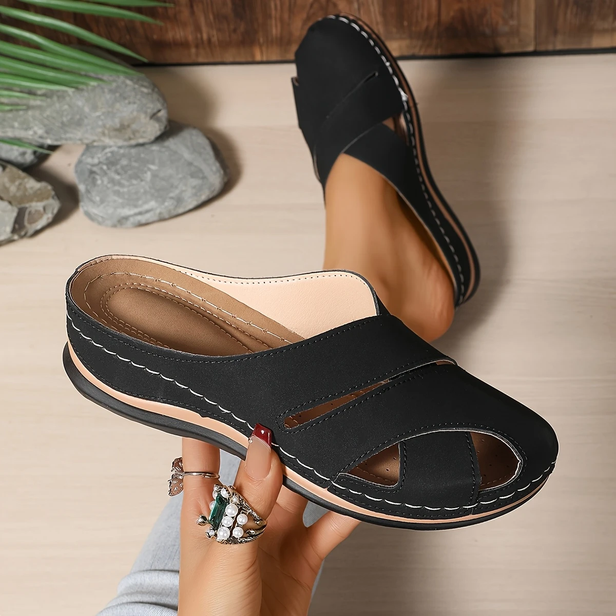 1 pair womens casual round toe platform wedge sandals solid color summer fashion slippers with thick sole insole for details 4