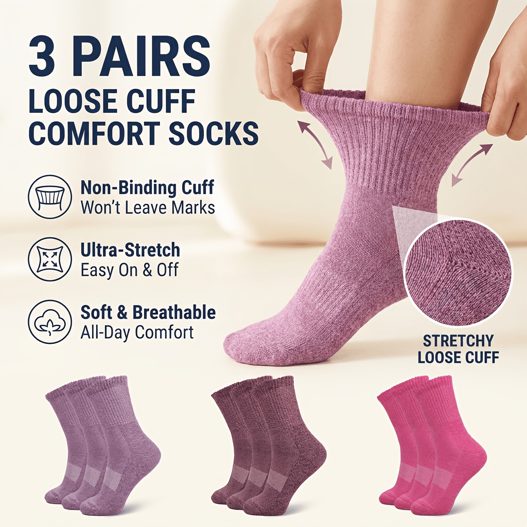 TEMU 3 Paires de Chaussettes Extra Larges, Chaussettes Diabétiques Non Compressives, Confortable Couture, Chaussettes de Soin Respirantes et Très