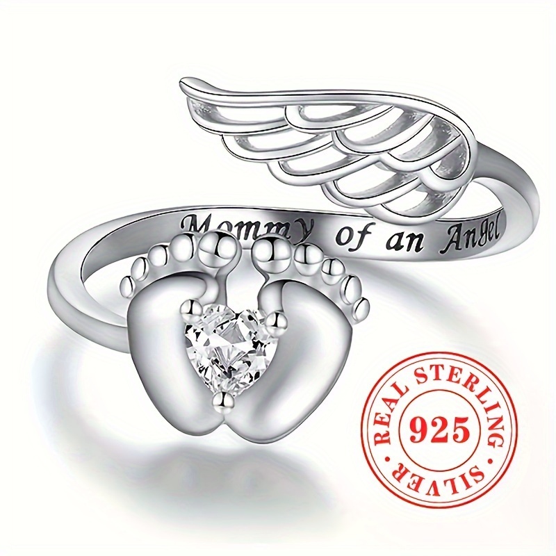 

925 Sterling Silver Inlaid Love Cut Zircon Ring Jewelry Creative Design Footprint Wings Open Ring Adjustable Ring Mother's Day Gift