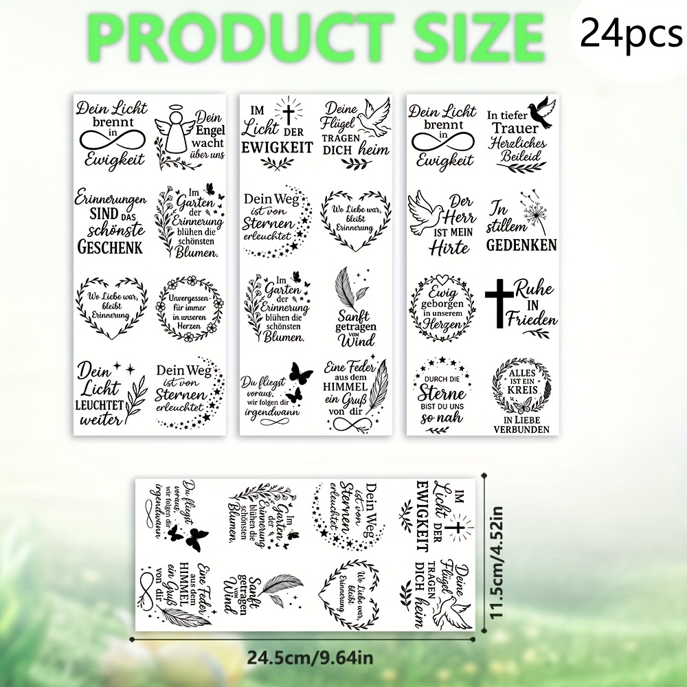 24pcs Candle Sayings Mourning German Uv Dtf Transfer Stickers - High Quality Wraps With Farewell Quotes Designs, Black And Golden Glossy Decals For Mugs, Tumblers(cup Not Included, Sticker Only)