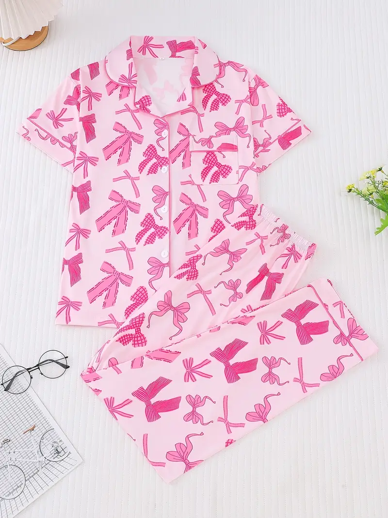 three sets of womens pajamas set womens pajamas set combination knitted fabric short sleeved button top and matching pants full body print collar and pocket details suitable for adult pajamas set Product details 11