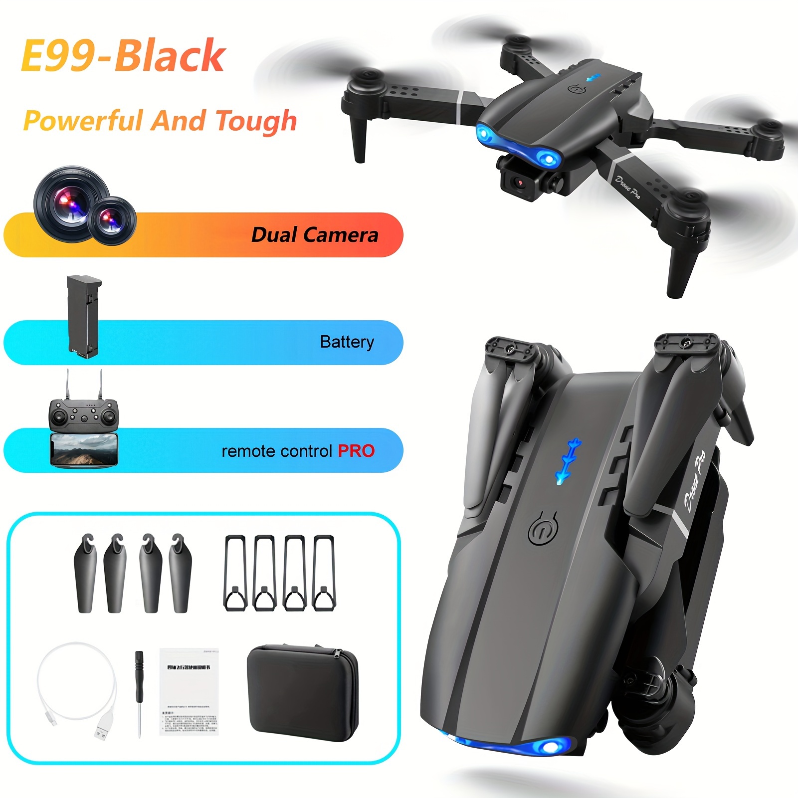 TEMU Drone With Dual Cameras, E99 Rc Drone Toys, 2 Batteries, Positioning, & Landing, Indoor And Outdoor Discount Drones, Beginner Christmas,