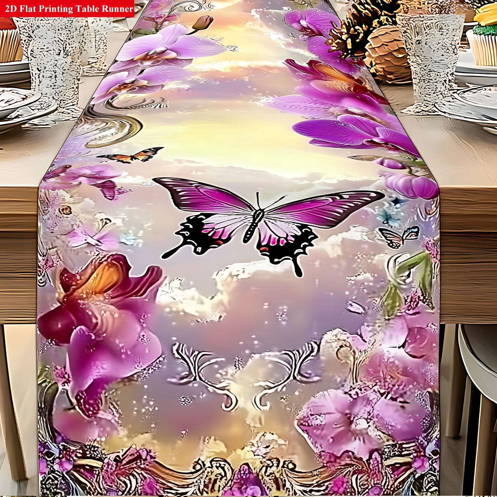 1pc Orchid Table Runner - Elegant Purple Floral Decor With Sunset Sky Pattern, High-quality Polyester Fabric For Kitchen And Dining Room, Romantic Decor, Exquisite Design, Vibrant Printing, Delicate