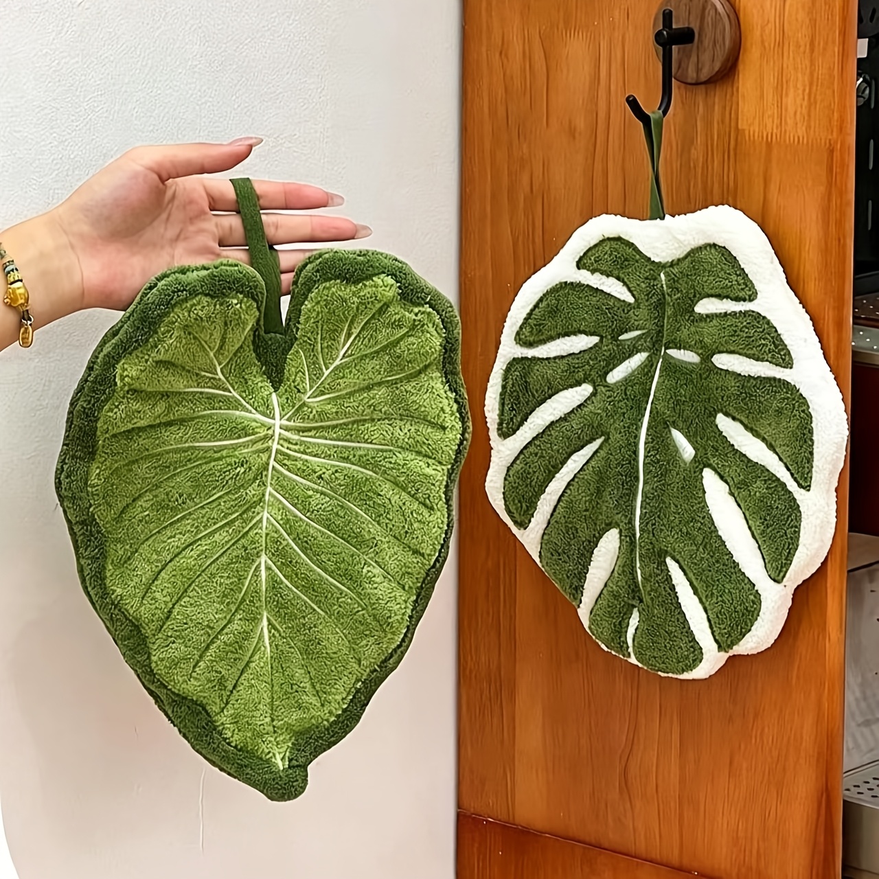 TEMU Lot de 2 serviettes à main absorbantes à séchage rapide de feuille, serviettes de plante pour cuisine et salle de bain