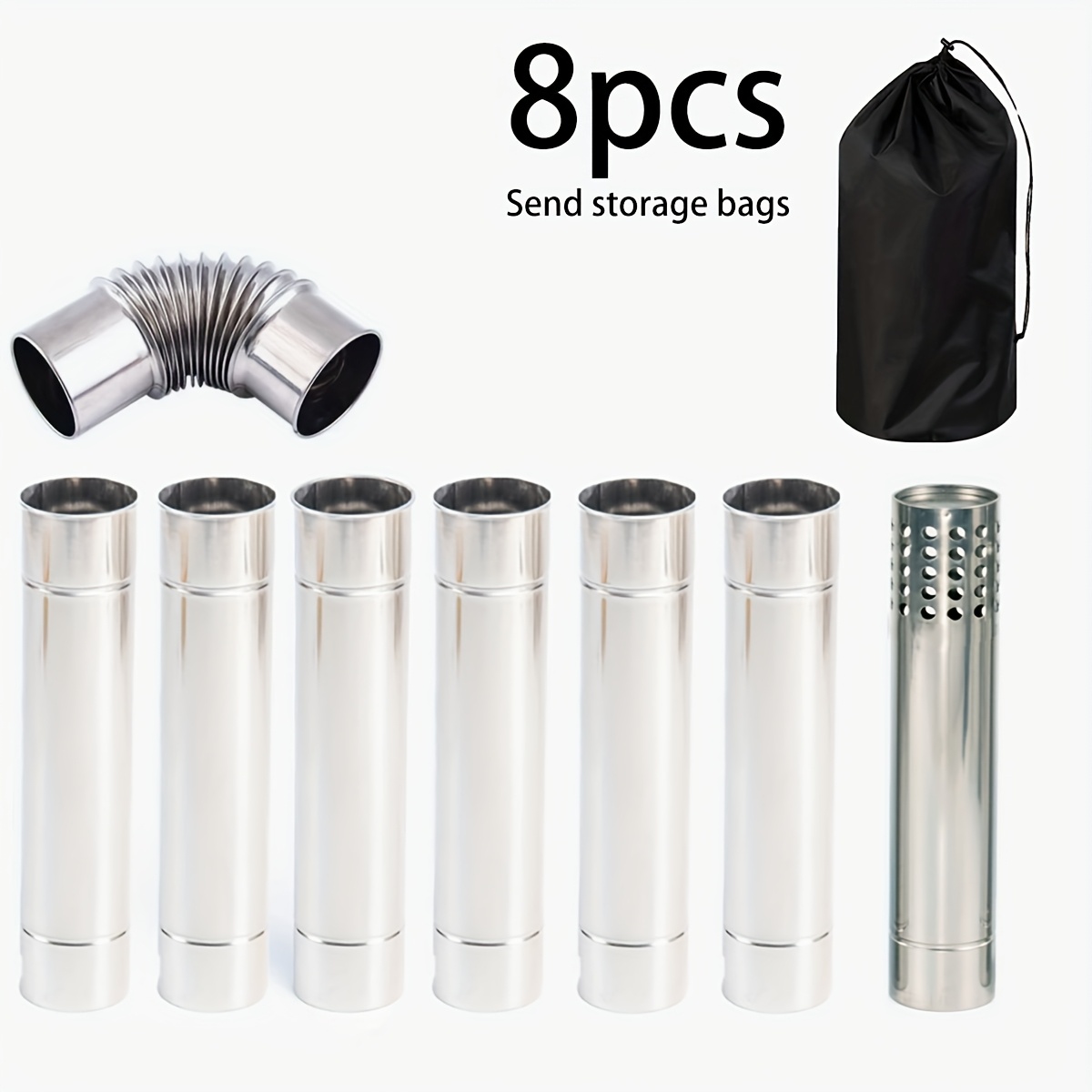 TEMU Furnace 8pcs Chimney Set, Complimentary Storage Bag, Stainless Steel, With 6-section Chimney, 1 , 1 90-degree Elbow For Increased Chimney Pull