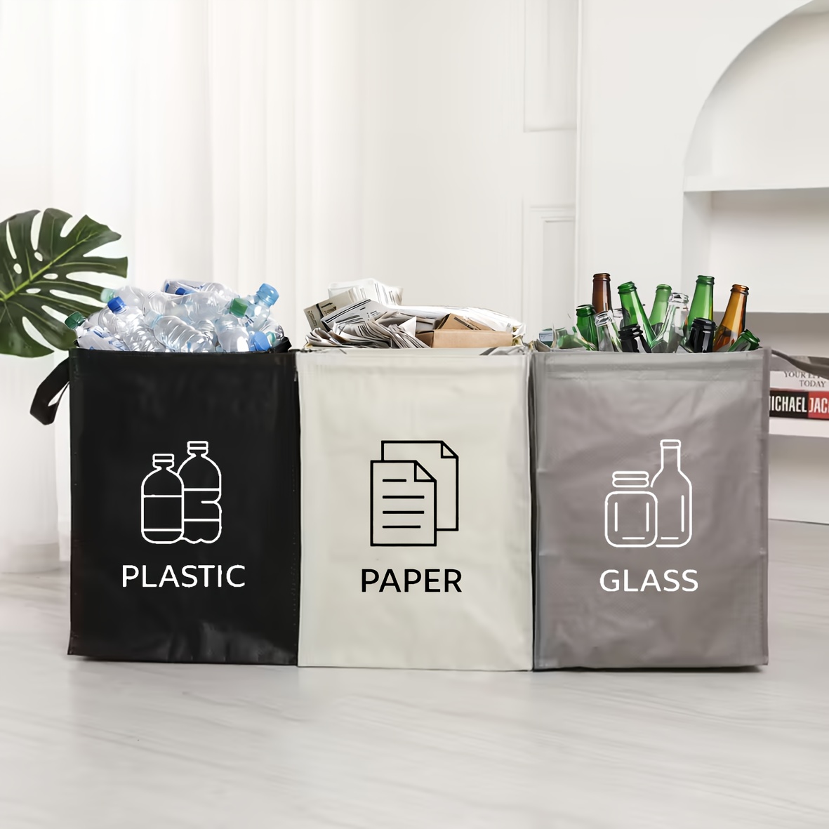 TEMU 【再利用可能】ゴミ分別バッグ - 丈夫なプラスチック製 折りたたみ式 食料品用ゴミ袋 透明ラベル付き リサイクル用 家庭やビジネスでの使用に最適 (ブラック、ライトグレー、ベージュ) 持ち運びやすい持ち手 PP織り素材