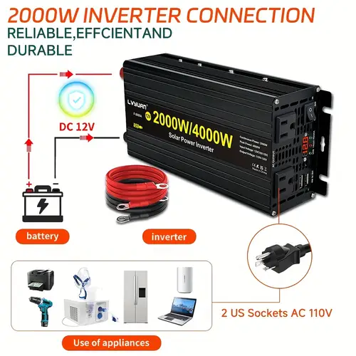 500w 2000 watt power inverter with led 12v to 110v 120v ac car power inverter 4000w peak with 2 ac outlets dual usb ports for boat vehicle rv truck camping without battery